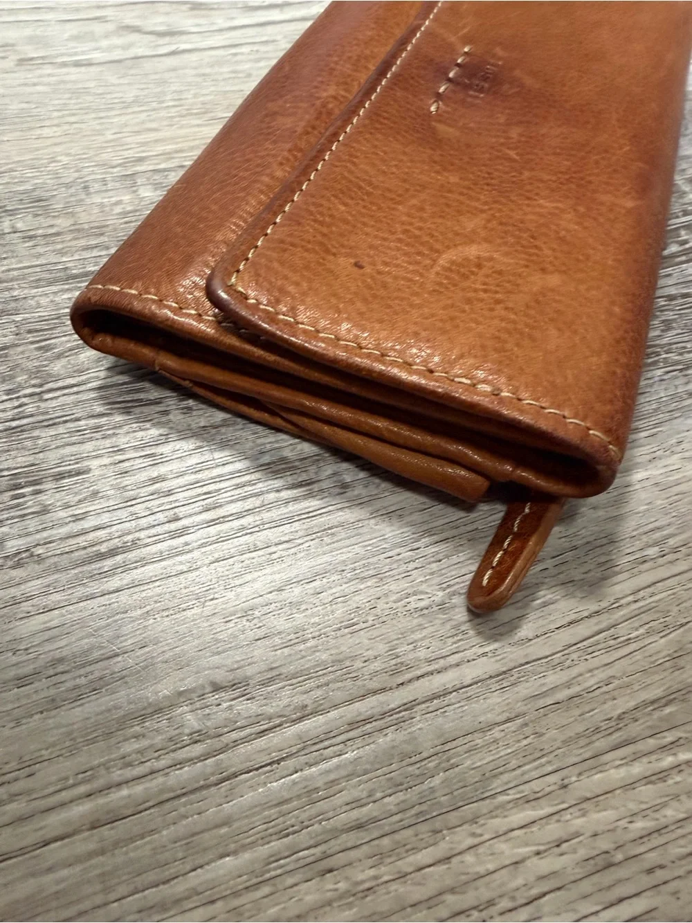 Fossil Brown Leather Trifold Pop Stitch Logo Checkbook Style Wallet